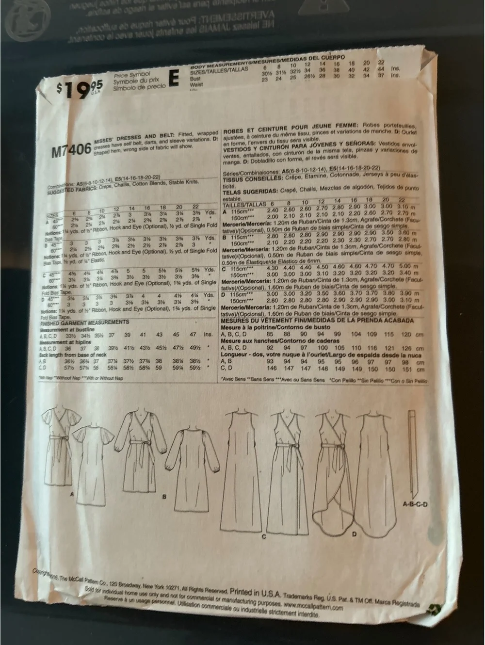 McCall's M7406 Sewing Pattern for Women's Dresses and Belt, Size E5 (14-22)